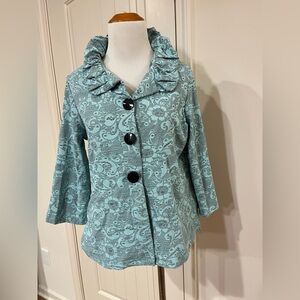 Elegant icy blue Patterned Jacket with Black Buttons